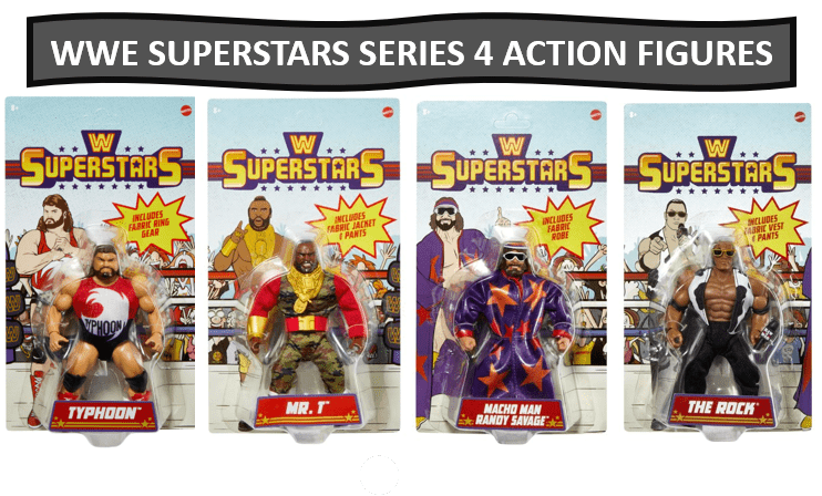 WWE Superstars Series 4 Action Figures - Typhoon, Mr. T, Macho Man Randy Savage, The Rock